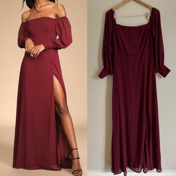 NWOT Feel the Romance Burgundy Off-the-Shoulder Maxi Dress! - Picture 1 of 7